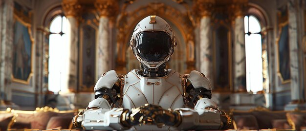 宇宙飛行士 ヘルメット の ロボット が 王室 の 宮殿 に 座っ て いる