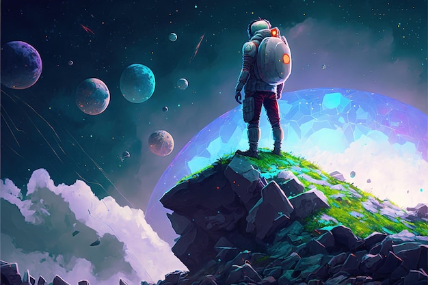 Premium Photo  Astronaut on the hill a spaceman standing on a hill  surrounded by floating rocks digital art style illustration painting