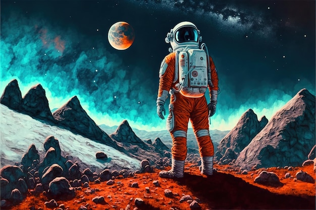 Premium Photo  Astronaut on the hill a spaceman standing on a hill  surrounded by floating rocks digital art style illustration painting