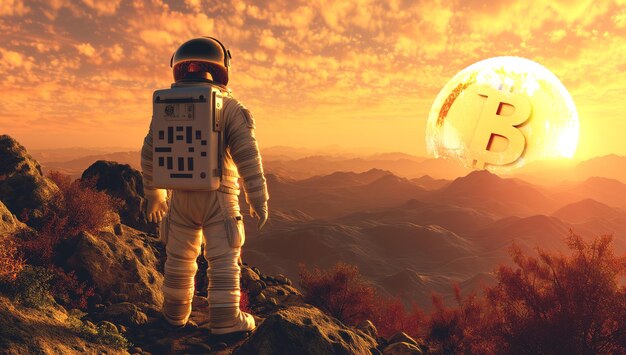 Photo astronaut on hills looking at big bitcoin planet ai generative illustration