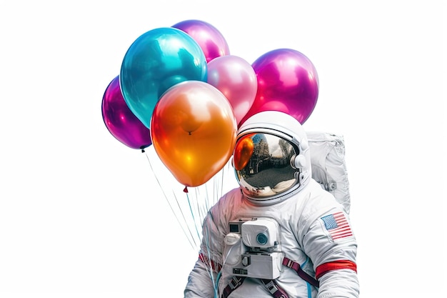 astronaut hold colorful balloons isolated on white