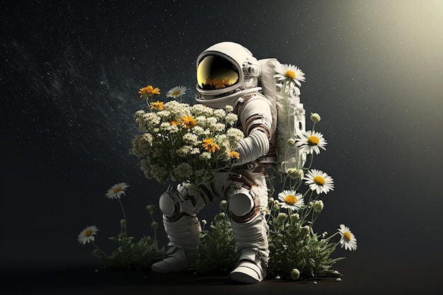 Astronaut holding a bouquet of flowers greeting card illustration Generative AI