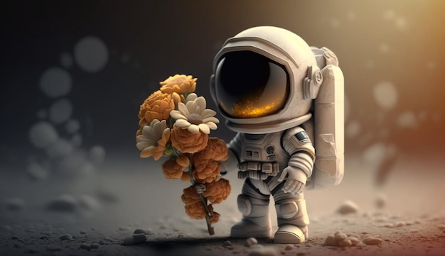 Astronaut holding a flowers walking in the space Ai Generative