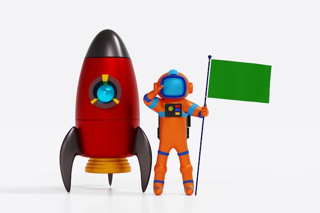 Astronaut holding green flag with rocket shuttle space adventure scientific discovery 3D render