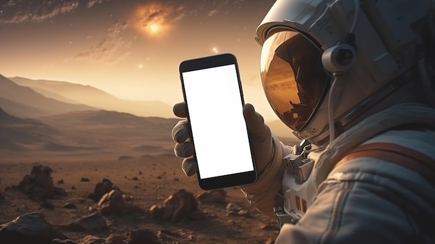 An astronaut holds a mockup of a mobile phone in his hands against the backdrop of an alien planet