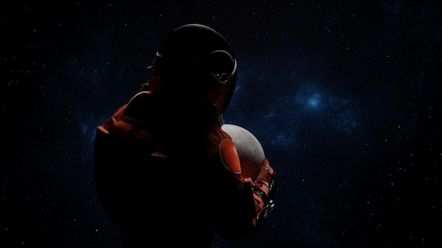 Astronaut holds moon in hands in space Return of astronauts to moon satellite of earth 3d render