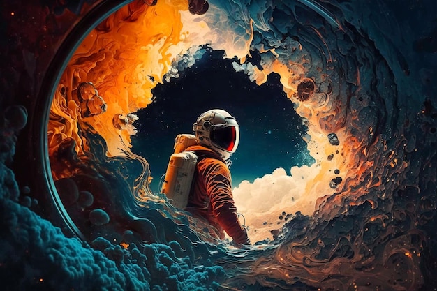 An astronaut in a hole with clouds and stars