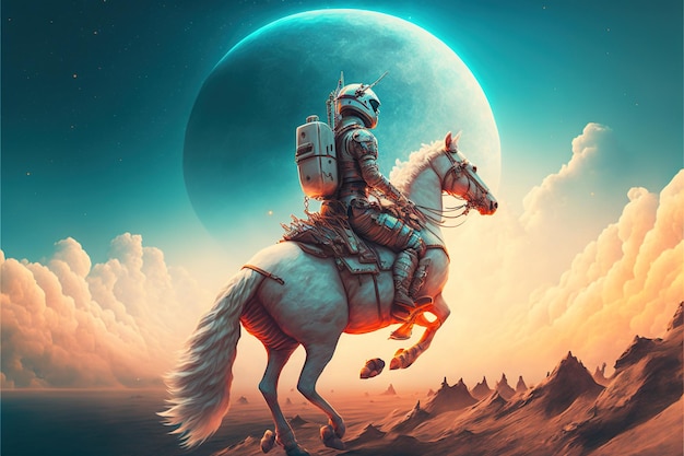 Astronaut on horse traveling to a magical land digital art style illustration painting fantasy concept of a traveler on the horse