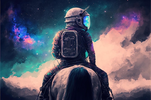 Astronaut on horse traveling to a magical land digital art style illustration painting fantasy concept of a traveler on the horse