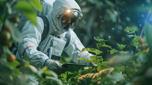Astronaut houdt zich bezig met planten die met een tablet worden geanalyseerd