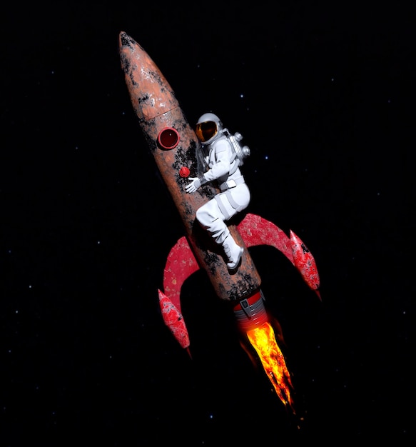 Астронавт обнимает летящую ракету