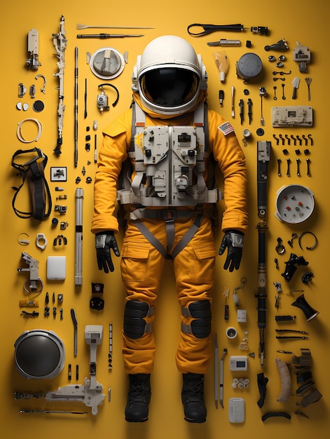 Foto immagine dell'astronauta in stile knolling sullo sfondo giallo