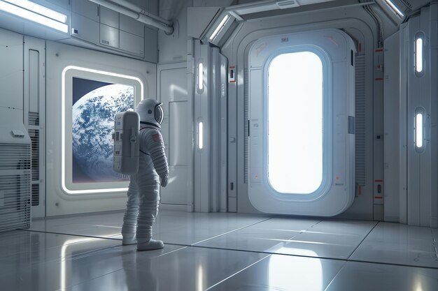 사진 미래적 인 우주 정거장 에서 창문 에서 지구 를 바라보는 우주 비행사