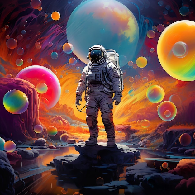 Astronaut in buitenaards landschap van zeepbellen Illustratie Poster