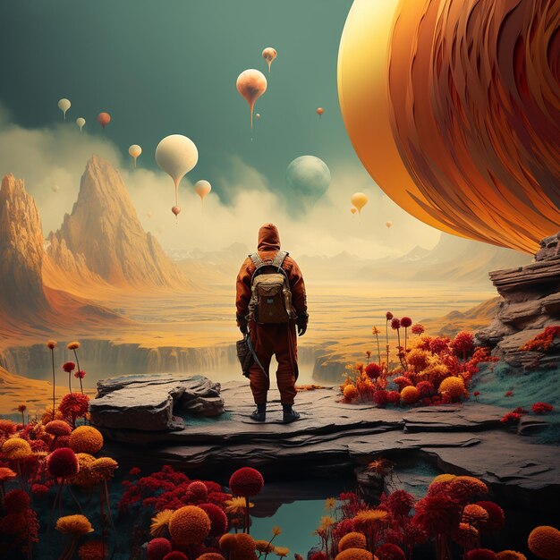 Astronaut in de bergen 3D-illustratie Fantasiewereld