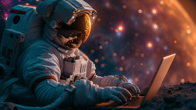 Foto astronaut in de ruimte die aan een laptop werkt