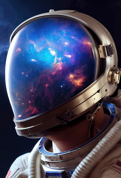 Astronaut in de ruimte en in de weerspiegeling van zijn helm sterren Galaxy paarsblauwe nevel en sterrenstelsels in de ruimte