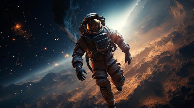 Astronaut in de ruimte met gloeiende sterren en wolken generatieve ai