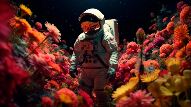 Astronaut in een bloemenveld.