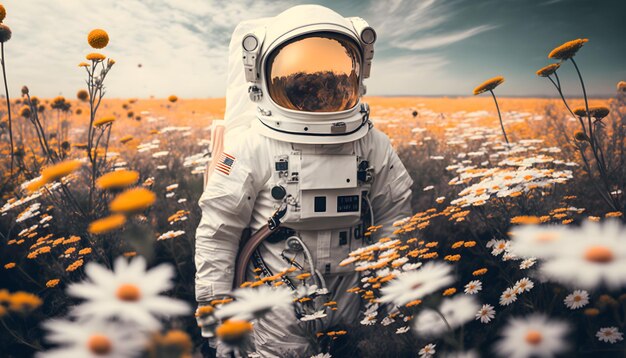 Astronaut in een bloemenveld