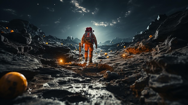 Foto astronaut in een ruimtepak die op een rotsachtig oppervlak staat met een gloeiende bol generatieve ai