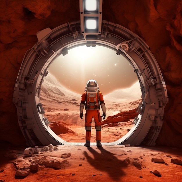 Astronaut in een ruimtestation kijkt uit een tunnel generatieve ai