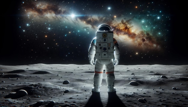 Astronaut in een ruimtetuig staat op het oppervlak van de maan tegen de achtergrond van sterren uit de ruimte