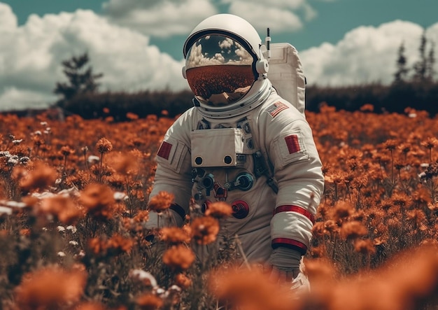 astronaut in een veld van bloemen met een camera in zijn hand generatieve ai