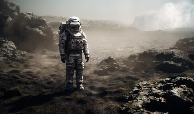 Astronaut in een vies pak staat op het kale stoffige landschap in de rook De verlaten planeet verkennen Generatieve AI