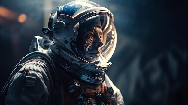 Astronaut in ruimtepak en helm op een donkere achtergrond