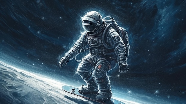 Astronaut in ruimtepak en helm op snowboard generatieve ai