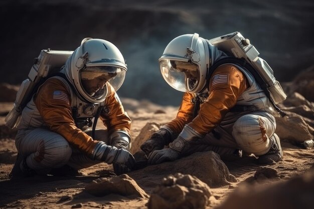 Foto astronaut in ruimtepak werkt aan laptop aanpassing rover op een nieuwe buitenaardse planeet