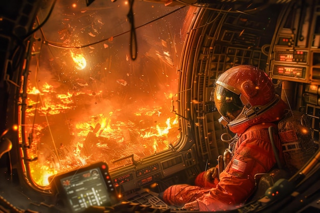 Astronaut in ruimteschip observeert vurige planetaire explosie Science Fiction Ruimteverkenning