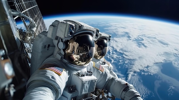 Foto astronaut in ruimtesuit staat buiten het ruimtestation en kijkt naar de aarde.