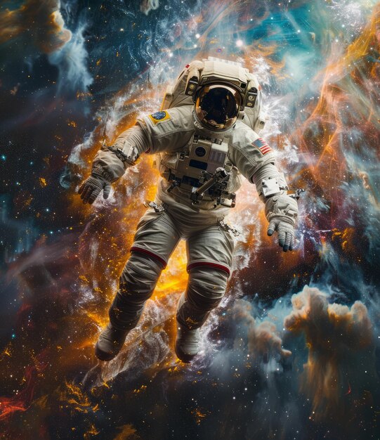 Foto astronaut in ruimtetuig drijft in de uitgestrektheid van de ruimte.