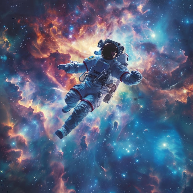 Astronaut in ruimtetuig drijft in de uitgestrektheid van de ruimte.