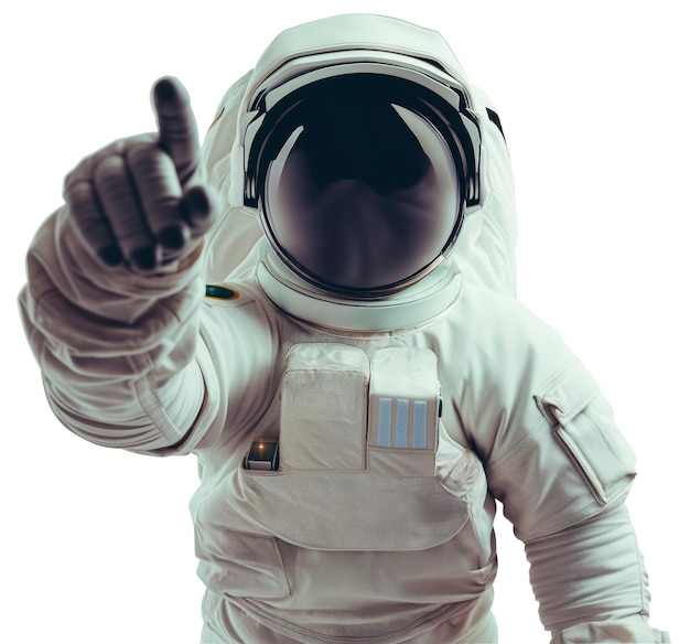 Foto astronaut in ruimtetuig wijst met een vinger op een witte achtergrond