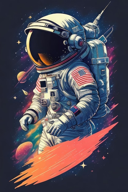 Фото Астронавт в космосе красочная иллюстрация для дизайна футболки