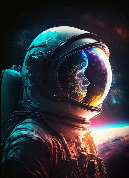 Фото Космонавт в космосе со светящимся лицом и генеративным искусственным интеллектом в облаке дыма