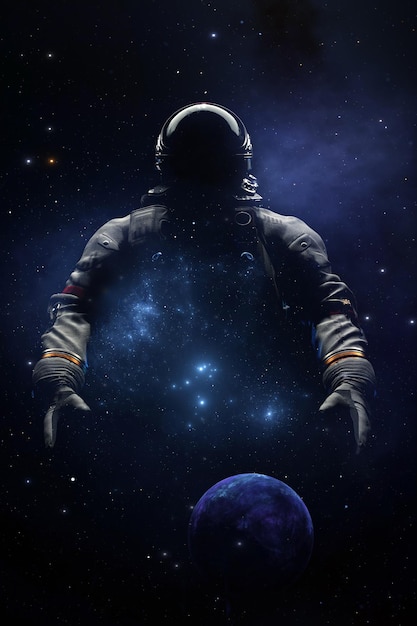 写真 宇宙服のヘルメットをかぶった宇宙飛行士は、星や銀河を反映しています。宇宙飛行士が宇宙を見上げる宇宙探査3dレンダリング
