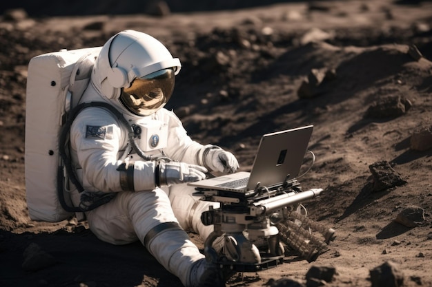 Фото Астронавт в космическом костюме работает на ноутбуке, регулируя ровер на новой инопланетной планете