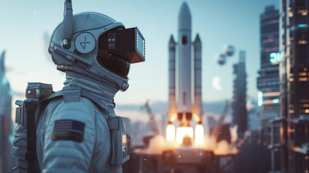 写真 衛星とロケットの近くでvrメガネをかけた宇宙飛行士