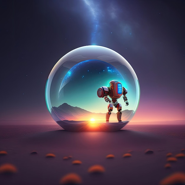 Astronaut inside a crystal ball 3D illustration Fantasy planet