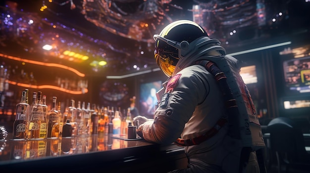 an astronaut is enjoying a beverage with a space cafe background generative ai