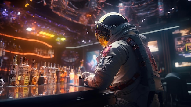 An astronaut is enjoying a beverage with a space cafe background Generative Ai