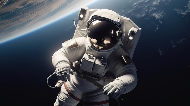 An astronaut is floating in space with the planet earth in the background.