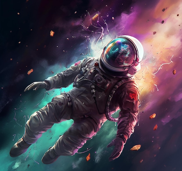 An astronaut is floating in space with a rainbow and lightning in the background.