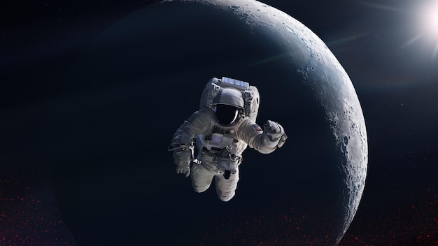 Astronaut is flying in outer space on big Moon background