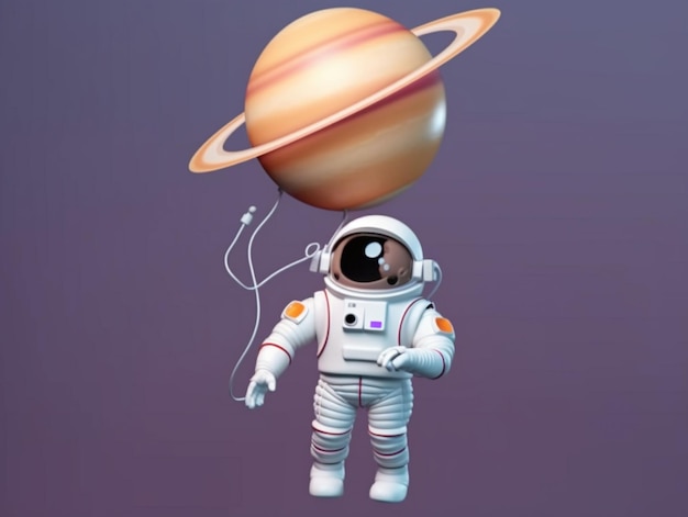 An astronaut is flying above a planet with the planet saturn on it.