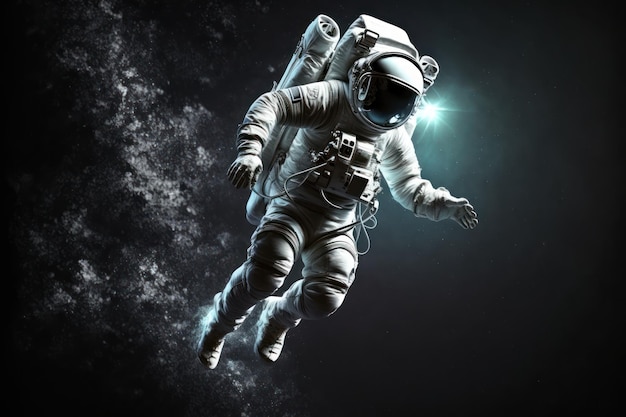 An astronaut is flying in space with a blue light behind him.